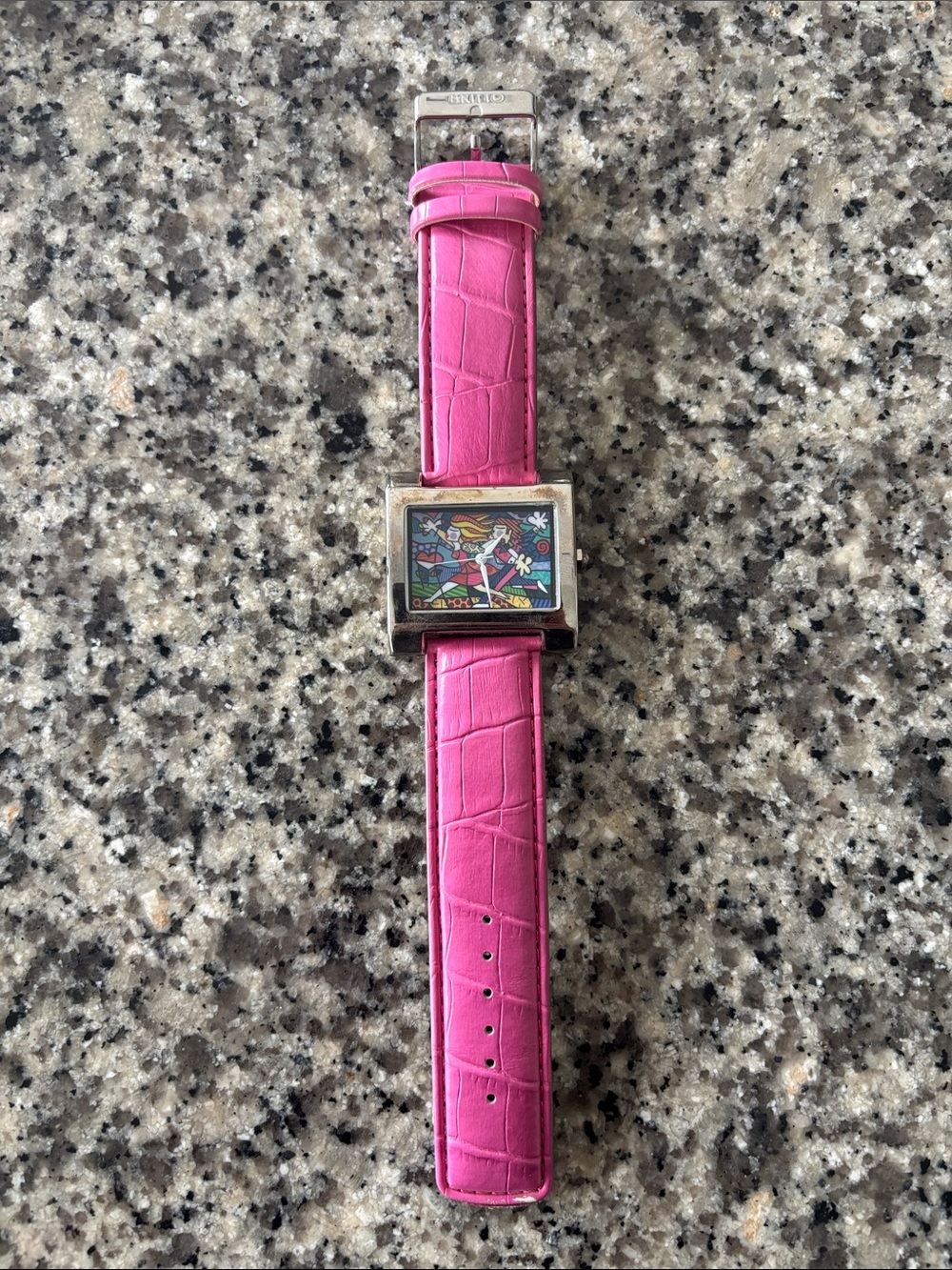 Limited Edition Romero Britto Pink Leather Strap Square Watch - Needs Battery